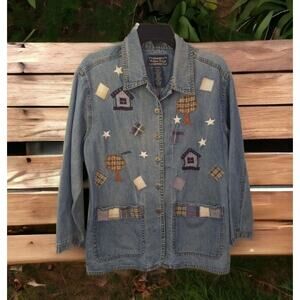 VTG Willow Ridge Denim Jacket Shirt Appliqué Embroidered Button Front Petite PS